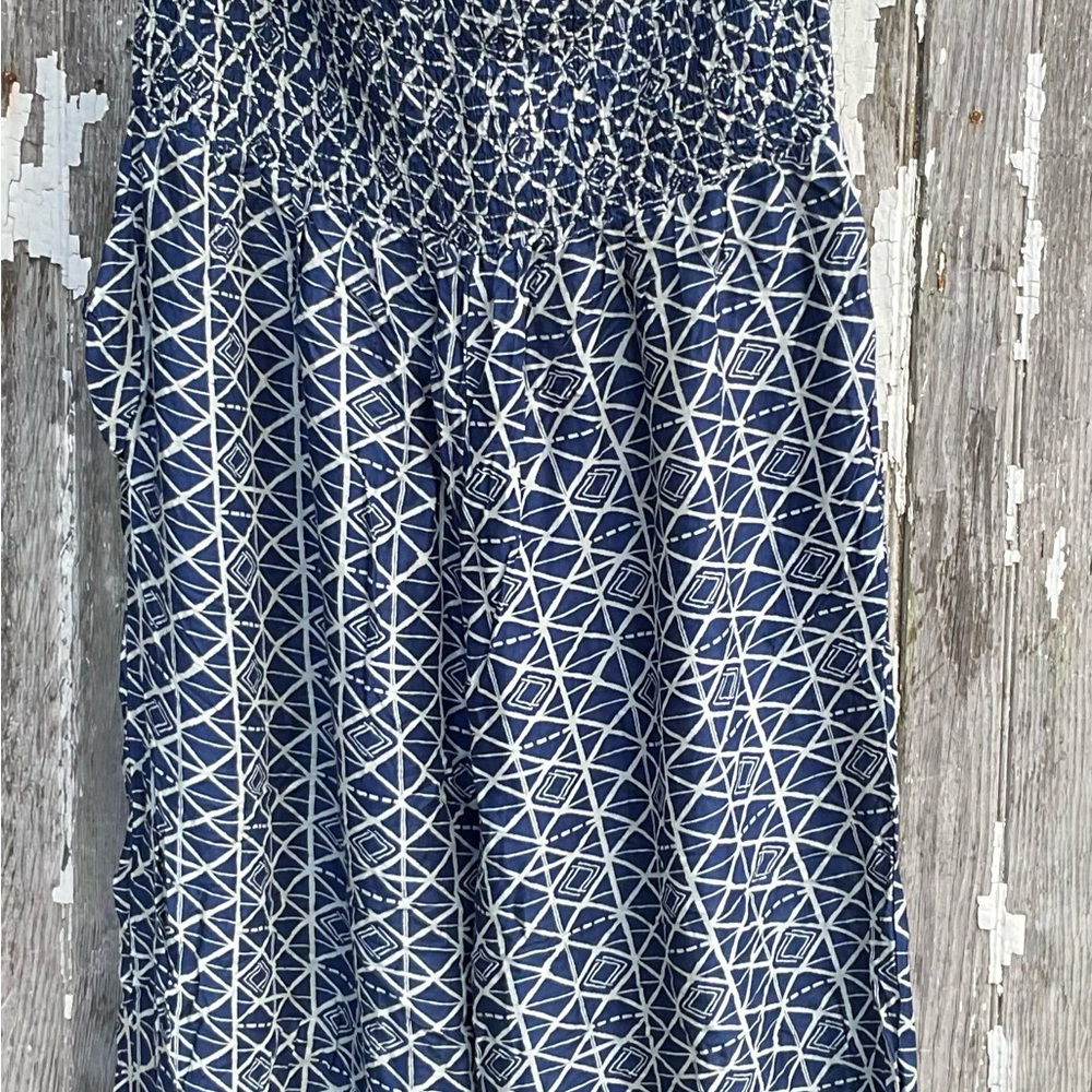White and Blue Smocked sleeveless romper